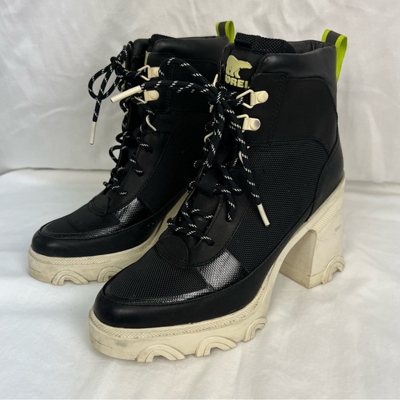 Sorel Brex Lace-up Booties in black, cream with lime green details. - Picture 3 of 11